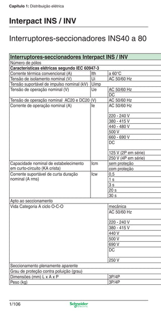 1/106
Capítulo 1: Distribuição elétrica
Interruptores-seccionadores INS40 a 80
Interpact INS / INV
Interruptores-seccionadores Interpact INS / INV
Número de pólos
Características elétricas segundo IEC 60947-3
Corrente térmica convencional (A) Ith a 60°C
Tensão de isolamento nominal (V) Ui AC 50/60 Hz
Tensão suportável de impulso nominal (kV) Uimp
Tensão de operação nominal (V) Ue AC 50/60 Hz
DC
Tensão de operação nominal AC20 e DC20 (V) AC 50/60 Hz
Corrente de operação nominal (A) Ie AC 50/60 Hz
220 - 240 V
380 - 415 V
440 - 480 V
500 V
660 - 690 V
DC
125 V (2P em série)
250 V (4P em série)
Capacidade nominal de estabelecimento
em curto-circuito (KA crista)
Icm sem proteção
com proteção
Corrente suportável de curta duração
nominal (A rms)
Icw 0,5
1 s
3 s
20 s
30 s
Apto ao seccionamento
Vida Categoria A ciclo O-C-O mecânica
AC 50/60 Hz
220 - 240 V
380 - 415 V
440 V
500 V
690 V
DC
250 V
Seccionamento plenamente aparente
Grau de proteção contra poluição (grau)
Dimensões (mm) L x A x P 3P/4P
Peso (kg) 3P/4P
Cap.1.3 v2008.indd 106Cap.1.3 v2008.indd 106 10/2/08 8:13:54 PM10/2/08 8:13:54 PM
 