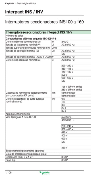 1/108
Capítulo 1: Distribuição elétrica
Interruptores-seccionadores INS100 a 160
Interpact INS / INV
Interruptores-seccionadores Interpact INS / INV
Número de pólos
Características elétricas segundo IEC 60947-3
Corrente térmica convencional (A) Ith a 60°C
Tensão de isolamento nominal (V) Ui AC 50/60 Hz
Tensão suportável de impulso nominal (kV) Uimp
Tensão de operação nominal (V) Ue AC 50/60 Hz
DC
Tensão de operação nominal AC20 e DC20 (V) AC 50/60 Hz
Corrente de operação nominal (A) Ie AC 50/60 Hz
220 - 240 V
380 - 415 V
440 - 480 V
500 V
660 - 690 V
DC
125 V (2P em série)
250 V (4P em série)
Capacidade nominal de estabelecimento
em curto-circuito (KA crista)
Icm sem proteção
com proteção
Corrente suportável de curta duração
nominal (A rms)
Icw 0,5
1 s
3 s
20 s
30 s
Apto ao seccionamento
Vida Categoria A ciclo O-C-O mecânica
AC 50/60 Hz
220 - 240 V
380 - 415 V
440 V
500 V
690 V
DC
250 V
Seccionamento plenamente aparente
Grau de proteção contra poluição (grau)
Dimensões (mm) L x A x P 3P/4P
Peso (kg) 3P/4P
Cap.1.3 v2008.indd 108Cap.1.3 v2008.indd 108 10/2/08 8:13:55 PM10/2/08 8:13:55 PM
 