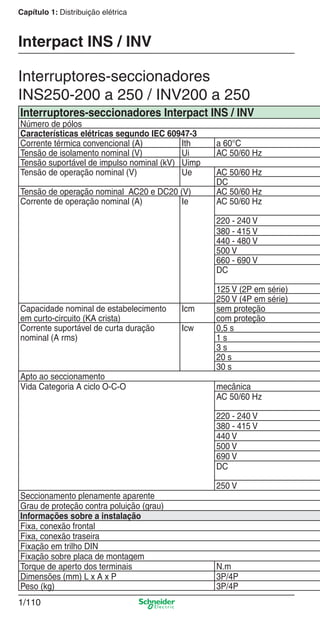 1/110
Capítulo 1: Distribuição elétrica
Interruptores-seccionadores
INS250-200 a 250 / INV200 a 250
Interpact INS / INV
Interruptores-seccionadores Interpact INS / INV
Número de pólos
Características elétricas segundo IEC 60947-3
Corrente térmica convencional (A) Ith a 60°C
Tensão de isolamento nominal (V) Ui AC 50/60 Hz
Tensão suportável de impulso nominal (kV) Uimp
Tensão de operação nominal (V) Ue AC 50/60 Hz
DC
Tensão de operação nominal AC20 e DC20 (V) AC 50/60 Hz
Corrente de operação nominal (A) Ie AC 50/60 Hz
220 - 240 V
380 - 415 V
440 - 480 V
500 V
660 - 690 V
DC
125 V (2P em série)
250 V (4P em série)
Capacidade nominal de estabelecimento
em curto-circuito (KA crista)
Icm sem proteção
com proteção
Corrente suportável de curta duração
nominal (A rms)
Icw 0,5 s
1 s
3 s
20 s
30 s
Apto ao seccionamento
Vida Categoria A ciclo O-C-O mecânica
AC 50/60 Hz
220 - 240 V
380 - 415 V
440 V
500 V
690 V
DC
250 V
Seccionamento plenamente aparente
Grau de proteção contra poluição (grau)
Informações sobre a instalação
Fixa, conexão frontal
Fixa, conexão traseira
Fixação em trilho DIN
Fixação sobre placa de montagem
Torque de aperto dos terminais N.m
Dimensões (mm) L x A x P 3P/4P
Peso (kg) 3P/4P
Cap.1.3 v2008.indd 110Cap.1.3 v2008.indd 110 10/2/08 8:13:56 PM10/2/08 8:13:56 PM
 