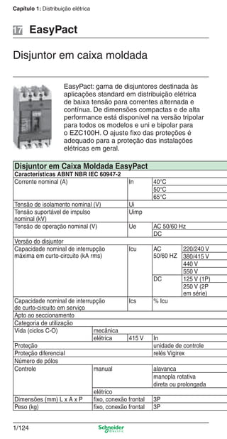 1/124
Capítulo 1: Distribuição elétrica
Disjuntor em caixa moldada
EasyPact
EasyPact: gama de disjuntores destinada às
aplicações standard em distribuição elétrica
de baixa tensão para correntes alternada e
contínua. De dimensões compactas e de alta
performance está disponível na versão tripolar
para todos os modelos e uni e bipolar para
o EZC100H. O ajuste ﬁxo das proteções é
adequado para a proteção das instalações
elétricas em geral.
17
Disjuntor em Caixa Moldada EasyPact
Características ABNT NBR IEC 60947-2
Corrente nominal (A) In 40°C
50°C
65°C
Tensão de isolamento nominal (V) Ui
Tensão suportável de impulso
nominal (kV)
Uimp
Tensão de operação nominal (V) Ue AC 50/60 Hz
DC
Versão do disjuntor
Capacidade nominal de interrupção
máxima em curto-circuito (kA rms)
Icu AC
50/60 HZ
220/240 V
380/415 V
440 V
550 V
DC 125 V (1P)
250 V (2P
em série)
Capacidade nominal de interrupção
de curto-circuito em serviço
Ics % Icu
Apto ao seccionamento
Categoria de utilização
Vida (ciclos C-O) mecânica
elétrica 415 V In
Proteção unidade de controle
Proteção diferencial relés Vigirex
Número de pólos
Controle manual alavanca
manopla rotativa
direta ou prolongada
elétrico
Dimensões (mm) L x A x P fixo, conexão frontal 3P
Peso (kg) fixo, conexão frontal 3P
Cap.1.3 v2008.indd 124Cap.1.3 v2008.indd 124 10/2/08 8:14:02 PM10/2/08 8:14:02 PM
 