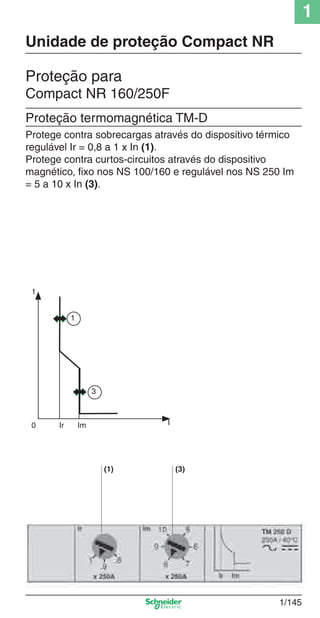1
1/145
Proteção para
Compact NR 160/250F
Proteção termomagnética TM-D
Protege contra sobrecargas através do dispositivo térmico
regulável Ir = 0,8 a 1 x In (1).
Protege contra curtos-circuitos através do dispositivo
magnético, ﬁxo nos NS 100/160 e regulável nos NS 250 Im
= 5 a 10 x In (3).
Unidade de proteção Compact NR
(1) (3)
t
0 Ir Im I
1
3
Cap.1.3 v2008.indd 145Cap.1.3 v2008.indd 145 10/2/08 8:14:11 PM10/2/08 8:14:11 PM
 