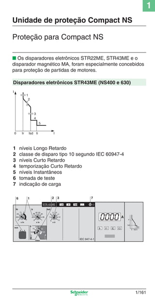 1
1/161
Disparadores eletrônicos STR43ME (NS400 e 630)
1 níveis Longo Retardo
2 classe de disparo tipo 10 segundo IEC 60947-4
3 níveis Curto Retardo
4 temporização Curto Retardo
5 níveis Instantâneos
6 tomada de teste
7 indicação de carga
■ Os disparadores eletrônicos STR22ME, STR43ME e o
disparador magnético MA, foram especialmente concebidos
para proteção de partidas de motores.
Unidade de proteção Compact NS
Proteção para Compact NS
Cap.1.3 v2008.indd 161Cap.1.3 v2008.indd 161 10/2/08 8:14:18 PM10/2/08 8:14:18 PM
 