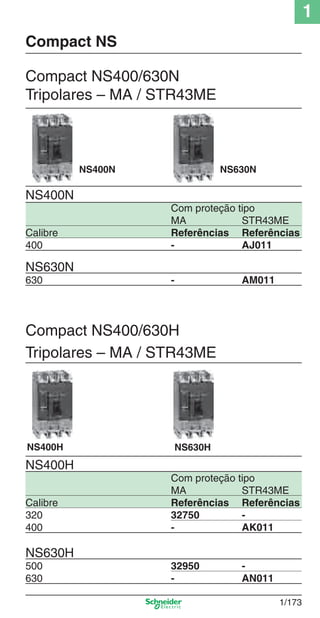 1
1/173
Compact NS400/630N
Tripolares – MA / STR43ME
NS400N
Com proteção tipo
MA STR43ME
Calibre Referências Referências
400 - AJ011
NS630N
630 - AM011
Compact NS
NS400N NS630N
Compact NS400/630H
Tripolares – MA / STR43ME
NS400H
Com proteção tipo
MA STR43ME
Calibre Referências Referências
320 32750 -
400 - AK011
NS630H
500 32950 -
630 - AN011
NS400H NS630H
Cap.1.3 v2008.indd 173Cap.1.3 v2008.indd 173 10/2/08 8:14:22 PM10/2/08 8:14:22 PM
 