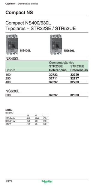 1/174
Capítulo 1: Distribuição elétrica
Compact NS400/630L
Tripolares – STR22SE / STR53UE
NS400L NS630L
Compact NS
NS400L
Com proteção tipo
STR23SE STR53UE
Calibre Referências Referências
150 32723 32729
250 32711 32717
400 32697 32703
NS630L
630 32897 32903
NOTA:
Icu:(kA)
N H L
220/240V 85 100 150
380/415V 50 70 150
440V 42 65 130
Cap.1.3 v2008.indd 174Cap.1.3 v2008.indd 174 10/2/08 8:14:22 PM10/2/08 8:14:22 PM
 
