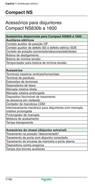 1/180
Capítulo 1: Distribuição elétrica
Acessórios disponíveis para Compact NS800 a 1600
Auxiliares elétricos
Contato auxiliar de posição OF
Contato auxiliar de defeito SD e defeito elétrico SDE
Contato de posição (conectado/desconectado/teste)
Bobina de desligamento
Bobina de mínima tensão
Temporizador para bobina de mínima tensão
Acessórios
Terminais traseiros verticais/horizontais
Terminal de parafuso
Extensões de terminais
Separadores de fases
Manopla rotativa direta
Manopla rotativa prolongada
Dispositivo ﬁxo/móvel de travamento
da alavanca por cadeado
Contador de manobras CDM
Intertravamento mecânico para disjuntores com manopla
rotativa prolongada
Prolongador de manopla
Moldura de acabamento
Tampa transparente
Acessórios do chassi (disjuntor extraível)
Travamento na posição “desconectado”
Travamento da porta com disjuntor conectado
Travamento do encaixe da manivela e porta aberta
Dispositivos contra enganos
Tampa dos bornes auxiliares
Acessórios para disjuntores
Compact NS630b a 1600
Compact NS
Cap.1.3 v2008.indd 180Cap.1.3 v2008.indd 180 10/2/08 8:14:24 PM10/2/08 8:14:24 PM
 