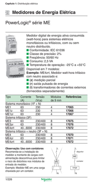Capítulo 1: Distribuição elétrica
1/226
Medidor digital de energia ativa consumida
(watt-hora) para sistemas elétricos
monofásicos ou trifásicos, com ou sem
neutro distribuído.
■ Conformidade: IEC 61036
■ Classe de precisão: 2%
■ Freqüência: 50/60 Hz
■ Consumo: 2,5 VA
■ Temperatura de operação: -25°C a +55°C
Disponível em 7 modelos:
Exemplo: ME4zrt, Medidor watt-hora trifásico
com neutro associado e:
■ (z) medição parcial
■ (r) saída pulsada de energia
■ (t) transformadores de correntes externos
(fornecidos separadamente)
PowerLogic®
série ME
Medidores de Energia Elétrica25
Tipo Corrente Tensão Módulos Referências
(A) (Vca) de 9 mm
Sistema monofásico (1F + N)
ME1 63 230 4 17065
ME1z 63 230 4 17066
ME1zr 63 230 4 17067
Sistema trifásico (3F)
ME3 63 230/400 8 17075
ME3zr 63 230/400 8 17076
ME4zrt 40...6000 230/400 8 17072
Sistema trifásico + neutro (3F + N)
ME4 63 230/400 8 17070
ME4zr 63 230/400 8 17071
ME4zrt 40...6000 230/400 8 17072
Observação: Uso com contatores
Recomenda-se a instalação do
medidor a montante de cargas com
alimentação descontínua para limitar
o risco de distúrbios nos módulos de
entrada do medidor.
Exemplo: Medidor ME em uma carga
chaveada por um contator.
disjuntor
contator
carga
Cap.1.4 v2008.indd 226Cap.1.4 v2008.indd 226 9/17/08 8:07:04 PM9/17/08 8:07:04 PM
 