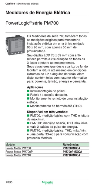 Capítulo 1: Distribuição elétrica
1/230
Os Medidores da série 700 fornecem todas
as medições exigidas para monitorar a
instalação elétrica em uma única unidade
96 x 96 mm, com apenas 50 mm de
profundidade.
Seu display LCD 73 x 69 mm com anti-
reﬂexo permite a visualização de todas as
3 fases e neutro ao mesmo tempo.
Seus caracteres grandes e sua luz de fundo
facilitam a leitura até mesmo em condições
extremas de luz e ângulos de visão. Além
disto, contém telas com resumo informativo
para: corrente, tensão, energia e demanda.
Aplicações
■ Instrumentação de painel.
■ Rateio / alocação de custo.
■ Monitoramento remoto de uma instalação
elétrica.
■ Monitoramento de harmônicas (THD).
Disponível em três versões:
■ PM700, medição básica com THD e leitura
de máx./mín.
■ PM700P, medição básica, THD, máx./min.
e mais 2 saídas de pulso de energia.
■ PM710, medição básica, THD, máx./min.
e uma porta RS-485 para comunicação com
protocolo Modbus.
PowerLogic®
série PM700
Modelo Referências
Power Meter PM700 PM700MGCA
Power Meter PM700P PM700PMGCA
Power Meter PM710 PM710MGCA
Medidores de Energia Elétrica
Cap.1.4 v2008.indd 230Cap.1.4 v2008.indd 230 9/17/08 8:07:06 PM9/17/08 8:07:06 PM
 
