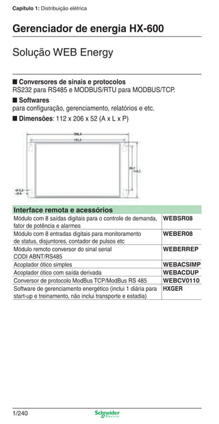 Capítulo 1: Distribuição elétrica
1/240
Solução WEB Energy
Gerenciador de energia HX-600
■ Conversores de sinais e protocolos
RS232 para RS485 e MODBUS/RTU para MODBUS/TCP.
■ Softwares
para conﬁguração, gerenciamento, relatórios e etc.
■ Dimensões: 112 x 206 x 52 (A x L x P)
Interface remota e acessórios
Módulo com 8 saídas digitais para o controle de demanda,
fator de potência e alarmes
WEBSR08
Módulo com 8 entradas digitais para monitoramento
de status, disjuntores, contador de pulsos etc
WEBER08
Módulo remoto conversor do sinal serial
CODI ABNT/RS485
WEBERREP
Acoplador ótico simples WEBACSIMP
Acoplador ótico com saída derivada WEBACDUP
Conversor de protocolo ModBus TCP/ModBus RS 485 WEBCV0110
Software de gerenciamento energético (inclui 1 diária para
start-up e treinamento, não inclui transporte e estadia)
HXGER
Cap.1.5 v2008.indd 240Cap.1.5 v2008.indd 240 9/17/08 8:08:45 PM9/17/08 8:08:45 PM
 