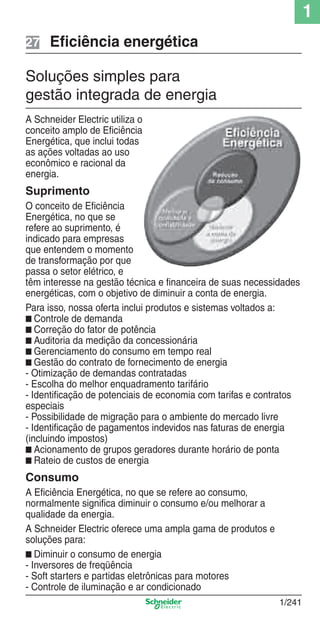 1
1/241
Eﬁciência energética
Soluções simples para
gestão integrada de energia
A Schneider Electric utiliza o
conceito amplo de Eﬁciência
Energética, que inclui todas
as ações voltadas ao uso
econômico e racional da
energia.
Suprimento
O conceito de Eﬁciência
Energética, no que se
refere ao suprimento, é
indicado para empresas
que entendem o momento
de transformação por que
passa o setor elétrico, e
têm interesse na gestão técnica e ﬁnanceira de suas necessidades
energéticas, com o objetivo de diminuir a conta de energia.
Para isso, nossa oferta inclui produtos e sistemas voltados a:
■ Controle de demanda
■ Correção do fator de potência
■ Auditoria da medição da concessionária
■ Gerenciamento do consumo em tempo real
■ Gestão do contrato de fornecimento de energia
- Otimização de demandas contratadas
- Escolha do melhor enquadramento tarifário
- Identiﬁcação de potenciais de economia com tarifas e contratos
especiais
- Possibilidade de migração para o ambiente do mercado livre
- Identiﬁcação de pagamentos indevidos nas faturas de energia
(incluindo impostos)
■ Acionamento de grupos geradores durante horário de ponta
■ Rateio de custos de energia
Consumo
A Eﬁciência Energética, no que se refere ao consumo,
normalmente signiﬁca diminuir o consumo e/ou melhorar a
qualidade da energia.
A Schneider Electric oferece uma ampla gama de produtos e
soluções para:
■ Diminuir o consumo de energia
- Inversores de freqüência
- Soft starters e partidas eletrônicas para motores
- Controle de iluminação e ar condicionado
27
Cap.1.5 v2008.indd 241Cap.1.5 v2008.indd 241 9/17/08 8:08:45 PM9/17/08 8:08:45 PM
 
