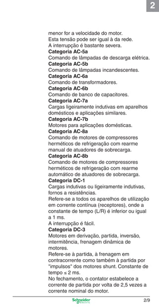 2
2/9
menor for a velocidade do motor.
Esta tensão pode ser igual à da rede.
A interrupção é bastante severa.
Categoria AC-5a
Comando de lâmpadas de descarga elétrica.
Categoria AC-5b
Comando de lâmpadas incandescentes.
Categoria AC-6a
Comando de transformadores.
Categoria AC-6b
Comando de banco de capacitores.
Categoria AC-7a
Cargas ligeiramente indutivas em aparelhos
domésticos e aplicações similares.
Categoria AC-7b
Motores para aplicações domésticas.
Categoria AC-8a
Comando de motores de compressores
herméticos de refrigeração com rearme
manual de atuadores de sobrecarga.
Categoria AC-8b
Comando de motores de compressores
herméticos de refrigeração com rearme
automático de atuadores de sobrecarga.
Categoria DC-1
Cargas indutivas ou ligeiramente indutivas,
fornos a resistências.
Refere-se a todos os aparelhos de utilização
em corrente contínua (receptores), onde a
constante de tempo (L/R) é inferior ou igual
a 1 ms.
A interrupção é fácil.
Categoria DC-3
Motores em derivação, partida, inversão,
intermitência, frenagem dinâmica de
motores.
Refere-se à partida, à frenagem em
contracorrente como também à partida por
"impulsos" dos motores shunt. Constante de
tempo ≤ 2 ms.
No fechamento, o contator estabelece a
corrente de partida por volta de 2,5 vezes a
corrente nominal do motor.
Cap.2.0 v2008.indd 9Cap.2.0 v2008.indd 9 9/17/08 8:10:58 PM9/17/08 8:10:58 PM
 