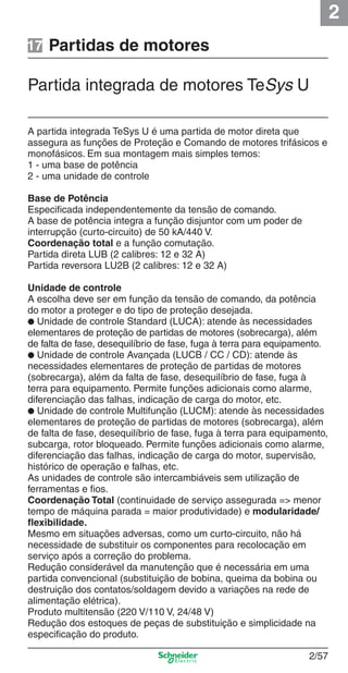 2
2/57
Partida integrada de motores TeSys U
A partida integrada TeSys U é uma partida de motor direta que
assegura as funções de Proteção e Comando de motores trifásicos e
monofásicos. Em sua montagem mais simples temos:
1 - uma base de potência
2 - uma unidade de controle
Base de Potência
Especiﬁcada independentemente da tensão de comando.
A base de potência integra a função disjuntor com um poder de
interrupção (curto-circuito) de 50 kA/440 V.
Coordenação total e a função comutação.
Partida direta LUB (2 calibres: 12 e 32 A)
Partida reversora LU2B (2 calibres: 12 e 32 A)
Unidade de controle
A escolha deve ser em função da tensão de comando, da potência
do motor a proteger e do tipo de proteção desejada.
● Unidade de controle Standard (LUCA): atende às necessidades
elementares de proteção de partidas de motores (sobrecarga), além
de falta de fase, desequilíbrio de fase, fuga à terra para equipamento.
● Unidade de controle Avançada (LUCB / CC / CD): atende às
necessidades elementares de proteção de partidas de motores
(sobrecarga), além da falta de fase, desequilíbrio de fase, fuga à
terra para equipamento. Permite funções adicionais como alarme,
diferenciação das falhas, indicação de carga do motor, etc.
● Unidade de controle Multifunção (LUCM): atende às necessidades
elementares de proteção de partidas de motores (sobrecarga), além
de falta de fase, desequilíbrio de fase, fuga à terra para equipamento,
subcarga, rotor bloqueado. Permite funções adicionais como alarme,
diferenciação das falhas, indicação de carga do motor, supervisão,
histórico de operação e falhas, etc.
As unidades de controle são intercambiáveis sem utilização de
ferramentas e ﬁos.
Coordenação Total (continuidade de serviço assegurada => menor
tempo de máquina parada = maior produtividade) e modularidade/
ﬂexibilidade.
Mesmo em situações adversas, como um curto-circuito, não há
necessidade de substituir os componentes para recolocação em
serviço após a correção do problema.
Redução considerável da manutenção que é necessária em uma
partida convencional (substituição de bobina, queima da bobina ou
destruição dos contatos/soldagem devido a variações na rede de
alimentação elétrica).
Produto multitensão (220 V/110 V, 24/48 V)
Redução dos estoques de peças de substituição e simplicidade na
especiﬁcação do produto.
Partidas de motores17
Cap.2.2 v2008.indd 57Cap.2.2 v2008.indd 57 9/17/08 8:13:46 PM9/17/08 8:13:46 PM
 