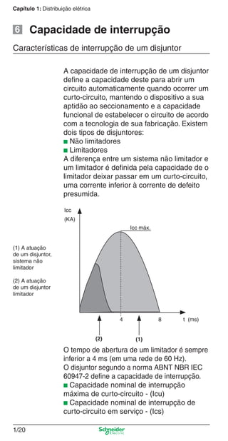 1/20
Capítulo 1: Distribuição elétrica
Características de interrupção de um disjuntor
A capacidade de interrupção de um disjuntor
deﬁne a capacidade deste para abrir um
circuito automaticamente quando ocorrer um
curto-circuito, mantendo o dispositivo a sua
aptidão ao seccionamento e a capacidade
funcional de estabelecer o circuito de acordo
com a tecnologia de sua fabricação. Existem
dois tipos de disjuntores:
■ Não limitadores
■ Limitadores
A diferença entre um sistema não limitador e
um limitador é deﬁnida pela capacidade de o
limitador deixar passar em um curto-circuito,
uma corrente inferior à corrente de defeito
presumida.
Capacidade de interrupção
O tempo de abertura de um limitador é sempre
inferior a 4 ms (em uma rede de 60 Hz).
O disjuntor segundo a norma ABNT NBR IEC
60947-2 deﬁne a capacidade de interrupção.
■ Capacidade nominal de interrupção
máxima de curto-circuito - (Icu)
■ Capacidade nominal de interrupção de
curto-circuito em serviço - (Ics)
(1) A atuação
de um disjuntor,
sistema não
limitador
(2) A atuação
de um disjuntor
limitador
(2)
Icc
(1)
(KA)
Icc máx.
4 8 t (ms)
6
Cap.1.1 v2008.indd 20Cap.1.1 v2008.indd 20 9/17/08 7:59:14 PM9/17/08 7:59:14 PM
 