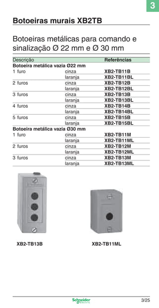 3
3/25
Botoeiras murais XB2TB
Botoeiras metálicas para comando e
sinalização Ø 22 mm e Ø 30 mm
Descrição Referências
Botoeira metálica vazia Ø22 mm
1 furo cinza XB2-TB11B
laranja XB2-TB11BL
2 furos cinza XB2-TB12B
laranja XB2-TB12BL
3 furos cinza XB2-TB13B
laranja XB2-TB13BL
4 furos cinza XB2-TB14B
laranja XB2-TB14BL
5 furos cinza XB2-TB15B
laranja XB2-TB15BL
Botoeira metálica vazia Ø30 mm
1 furo cinza XB2-TB11M
laranja XB2-TB11ML
2 furos cinza XB2-TB12M
laranja XB2-TB12ML
3 furos cinza XB2-TB13M
laranja XB2-TB13ML
XB2-TB11MLXB2-TB13B
Cap.3 v2008.indd 25Cap.3 v2008.indd 25 9/17/08 8:18:16 PM9/17/08 8:18:16 PM
 