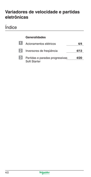 Capítulo 4: Variadores de velocidade e partidas eletrônicas
4/2
Acionamentos elétricos 4/4
Inversores de freqüência 4/13
Partidas e paradas progressivas 4/20
Soft Starter
Índice
Variadores de velocidade e partidas
eletrônicas
Generalidades
1
2
3
Cap.4 v2008.indd 2Cap.4 v2008.indd 2 9/30/08 12:06:28 PM9/30/08 12:06:28 PM
 