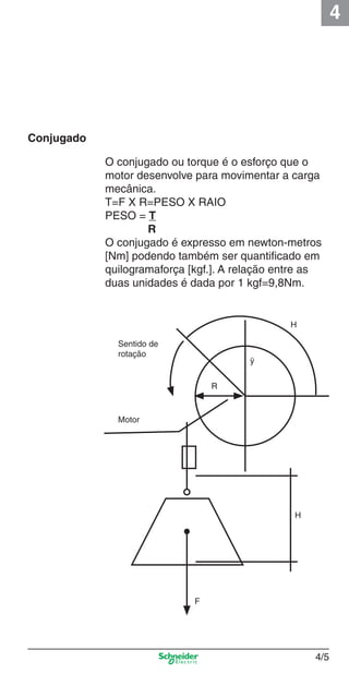 4/5
4
4/5
Conjugado
O conjugado ou torque é o esforço que o
motor desenvolve para movimentar a carga
mecânica.
T=F X R=PESO X RAIO
PESO = T
R
O conjugado é expresso em newton-metros
[Nm] podendo também ser quantiﬁcado em
quilogramaforça [kgf.]. A relação entre as
duas unidades é dada por 1 kgf=9,8Nm.
Motor
Sentido de
rotação
H
ÿ
R
H
F
Cap.4 v2008.indd 5Cap.4 v2008.indd 5 9/30/08 12:06:29 PM9/30/08 12:06:29 PM
 