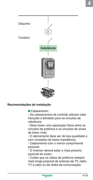 4
4/19
Indutância
>
Disjuntor
Contator
Recomendações de instalação
■ Cabeamento:
- Os cabeamentos de controle utilizam cabo
trançado e blindado para os circuitos de
referência;
- Deve haver uma separação física entre os
circuitos de potência e os circuitos de sinais
de baixo nível;
- O aterramento deve ser de boa qualidade e
com conexões de baixa impedância;
- Cabeamento com o menor comprimento
possível;
- O inversor deverá estar o mais próximo
possível do motor;
- Cuidar que os cabos de potência estejam
mais longe possível de antenas de TV, rádio,
TV a cabo ou de redes de comunicação.
Cap.4 v2008.indd 19Cap.4 v2008.indd 19 9/30/08 12:06:33 PM9/30/08 12:06:33 PM
 