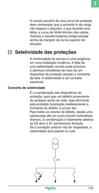 1/25
1
A continuidade de serviço é uma exigência
em uma instalação moderna. A falta de
uma seletividade correta pode provocar
a abertura simultânea de mais de um
dispositivo de proteção situado a montante
da falta. A seletividade é um conceito
essencial.
É a coordenação dos dispositivos de
proteção, para que um defeito proveniente
de qualquer ponto da rede, seja eliminado
pela proteção localizada imediatamente a
montante ao defeito, e só por ela.
Para todos os valores de defeito, desde uma
sobrecarga até um curto-circuito instantâneo
(franco), a coordenação é totalmente seletiva
se D2 abrir e D1 permanecer fechado.
Se a condição anterior não for respeitada, a
seletividade será parcial ou nula.
Seletividade das proteções
Conceito de seletividade
A correta escolha de uma curva de proteção
deve contemplar que a corrente In da carga
não dispare o disjuntor, e que durante uma
falha, a curva de limite térmico dos cabos,
motores e transformadores esteja situada
acima da margem da curva superior de
atuação.
xx
x
x
D2
D1
8
Cap.1.1 v2008.indd 25Cap.1.1 v2008.indd 25 9/17/08 7:59:16 PM9/17/08 7:59:16 PM
 
