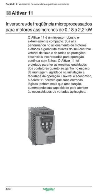 4/30
Capítulo 4: Variadores de velocidade e partidas eletrônicas
Altivar 11
O Altivar 11 é um inversor robusto e
extremamente compacto. Sua alta
performance no acionamento de motores
elétricos é garantida através do seu controle
vetorial de ﬂuxo e de todas as proteções
essenciais incorporadas para operação
contínua sem falhas. O Altivar 11 foi
projetado para ter as mesmas qualidades
dos contatores quanto ao ganho no espaço
de montagem, agilidade na instalação e
facilidade de operação. Flexível e econômico,
o Altivar 11 permite que suas entradas
lógicas tenham mais que uma função,
aumentando sua capacidade para atender
às necessidades de variadas aplicações.
Inversoresdefreqüênciamicroprocessados
para motores assíncronos de 0,18 a 2,2 kW
5
Cap.4 v2008.indd 30Cap.4 v2008.indd 30 9/30/08 12:06:39 PM9/30/08 12:06:39 PM
 