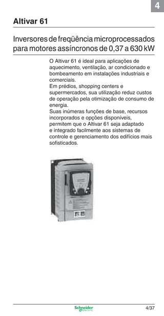4
4/37
O Altivar 61 é ideal para aplicações de
aquecimento, ventilação, ar condicionado e
bombeamento em instalações industriais e
comerciais.
Em prédios, shopping centers e
supermercados, sua utilização reduz custos
de operação pela otimização de consumo de
energia.
Suas inúmeras funções de base, recursos
incorporados e opções disponíveis,
permitem que o Altivar 61 seja adaptado
e integrado facilmente aos sistemas de
controle e gerenciamento dos edifícios mais
soﬁsticados.
Altivar 61
Inversoresdefreqüênciamicroprocessados
para motores assíncronos de 0,37 a 630 kW
Cap.4 v2008.indd 37Cap.4 v2008.indd 37 9/30/08 12:06:41 PM9/30/08 12:06:41 PM
 