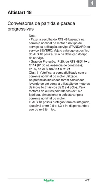 4
4/51
Nota:
- Fazer a escolha do ATS 48 baseada na
corrente nominal do motor e no tipo de
serviço da aplicação, serviço STANDARD ou
serviço SEVERO. Veja o catálogo especíﬁco
do ATS 48 para auxílio na deﬁnição do tipo
de serviço.
- Grau de Proteção: IP 20, de ATS 48D17p a
C11p (IP 00 na ausência de conexões);
IP 00, de ATS 48C14p a M12p
Obs.: (1) Veriﬁcar a compatibilidade com a
corrente nominal do motor utilizado.
As potências indicadas foram calculadas,
levando-se em conta a utilização de motores
de indução trifásicos de 2 e 4 pólos. Para
motores de outras polaridades (ex.: 6 e
8 pólos), dimensionar o soft starter pela
corrente nominal do motor.
O ATS 48 possui proteção térmica integrada,
ajustável entre 0,5 e 1,3 x In, dispensando o
uso do relé térmico.
Altistart 48
Conversores de partida e parada
progressivas
Cap.4 v2008.indd 51Cap.4 v2008.indd 51 9/30/08 12:06:49 PM9/30/08 12:06:49 PM
 