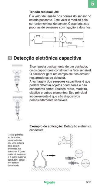 5
5/11
Tensão residual Ud:
É o valor de tensão nos bornes do sensor no
estado passante. Este valor é medido pela
corrente nominal do sensor. Características
próprias de sensores com ligação a dois ﬁos.
Detecção eletrônica capacitiva
É composta basicamente de um oscilador,
cujos capacitores constituem a face sensível.
O oscilador gera um campo elétrico circular
nos arredores do detector.
A vantagem dos sensores capacitivos é que
podem detectar objetos condutores e não
condutores como: líquidos, vidro, madeira,
plástico e outros elementos. Seu principal
inconveniente é que são dispositivos
demasiadamente sensíveis.
(1) As garrafas
ao lado são
transportadas
por uma esteira
para serem
enchidas. Os
sensores 1 (para
material isolante)
e 2 (para material
condutor), estão
em estado
desativado.
Exemplo de aplicação: Detecção eletrônica
capacitiva.
Alimentação
XS
Carga
V
4
Cap.5 v2008.indd 11Cap.5 v2008.indd 11 9/17/08 8:23:38 PM9/17/08 8:23:38 PM
 