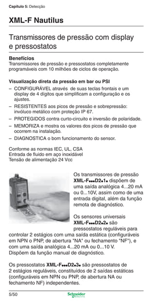 Capítulo 5: Detecção
5/50
Benefícios
Transmissores de pressão e pressostatos completamente
programáveis com 10 milhões de ciclos de operação.
Visualização direta da pressão em bar ou PSI
– CONFIGURÁVEL através de suas teclas frontais e um
display de 4 dígitos que simpliﬁcam a conﬁguração e os
ajustes.
– RESISTENTES aos picos de pressão e sobrepressão:
invóluco metálico com proteção IP 67.
– PROTEGIDOS contra curto-circuito e inversão de polaridade.
– MEMORIZA e mostra os valores dos picos de pressão que
ocorrem na instalação.
– DIAGNOSTICA o bom funcionamento do sensor.
Conforme as normas IEC, UL, CSA
Entrada de ﬂuido em aço inoxidável
Tensão de alimentação 24 Vcc
Os transmissores de pressão
XML-F●●●D2●1● dispõem de
uma saída analógica 4...20 mA
ou 0...10V, assim como de uma
entrada digital, além da função
remota de diagnóstico.
Os sensores universais
XML-F●●●D2●2● são
pressostatos reguláveis para
controlar 2 estágios com uma saída estática (conﬁguráveis
em NPN o PNP, de abertura "NA" ou fechamento "NF"), e
com uma saída analógica 4...20 mA ou 0...10 V.
Dispõem da função manual de diagnóstico.
Os pressostatos XML-F●●●D2●3● são pressostatos de
2 estágios reguláveis, constituídos de 2 saídas estáticas
(conﬁguráveis em NPN ou PNP, de abertura NA ou
fechamento NF) independentes.
Transmissores de pressão com display
e pressostatos
XML-F Nautilus
Cap.5 v2008.indd 50Cap.5 v2008.indd 50 9/17/08 8:24:03 PM9/17/08 8:24:03 PM
 