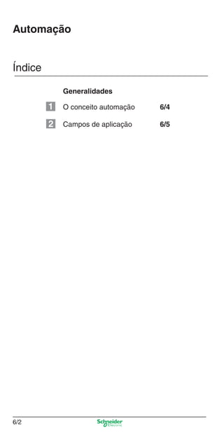 Capítulo 6: Automação
6/2
Automação
Índice
O conceito automação 6/4
Campos de aplicação 6/5
Generalidades
1
2
Cap.6 v2008.indd 2Cap.6 v2008.indd 2 9/30/08 12:07:55 PM9/30/08 12:07:55 PM
 
