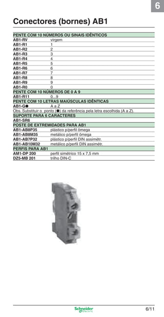6
6/11
Conectores (bornes) AB1
PENTE COM 10 NÚMEROS OU SINAIS IDÊNTICOS
AB1-RV virgem
AB1-R1 1
AB1-R2 2
AB1-R3 3
AB1-R4 4
AB1-R5 5
AB1-R6 6
AB1-R7 7
AB1-R8 8
AB1-R9 9
AB1-R0 0
PENTE COM 10 NÚMEROS DE 0 A 9
AB1-R11 0...9
PENTE COM 10 LETRAS MAIÚSCULAS IDÊNTICAS
AB1-G● A a Z
Obs. Substituir o ponto (●) da referência pela letra escolhida (A a Z).
SUPORTE PARA 6 CARACTERES
AB1-SR6
POSTE DE EXTREMIDADES PARA AB1
AB1-AB8P35 plástico p/perﬁl ômega
AB1-AB8M35 metálico p/perﬁl ômega
AB1-AB7P32 plástico p/perﬁl DIN assimétr.
AB1-AB10M32 metálico p/perﬁl DIN assimétr.
PERFIS PARA AB1
AM1-DP 200 perﬁl simétrico 15 x 7,5 mm
DZ5-MB 201 trilho DIN-C
Cap.6 v2008.indd 11Cap.6 v2008.indd 11 9/30/08 12:07:58 PM9/30/08 12:07:58 PM
 