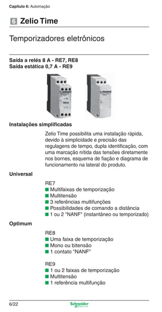 Capítulo 6: Automação
6/22
Zelio Time
Zelio Time possibilita uma instalação rápida,
devido à simplicidade e precisão das
regulagens de tempo, dupla identiﬁcação, com
uma marcação nítida das tensões diretamente
nos bornes, esquema de ﬁação e diagrama de
funcionamento na lateral do produto.
Temporizadores eletrônicos
Instalações simpliﬁcadas
6
Saída a relés 8 A - RE7, RE8
Saída estática 0,7 A - RE9
Universal
RE7
■ Multifaixas de temporização
■ Multitensão
■ 3 referências multifunções
■ Possibilidades de comando a distância
■ 1 ou 2 "NANF" (instantâneo ou temporizado)
RE8
■ Uma faixa de temporização
■ Mono ou bitensão
■ 1 contato "NANF"
RE9
■ 1 ou 2 faixas de temporização
■ Multitensão
■ 1 referência multifunção
Optimum
Cap.6 v2008.indd 22Cap.6 v2008.indd 22 9/30/08 12:08:03 PM9/30/08 12:08:03 PM
 