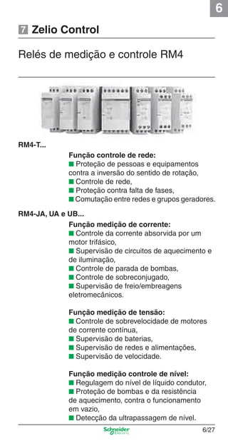 6
6/27
Zelio Control
Relés de medição e controle RM4
7
Função controle de rede:
■ Proteção de pessoas e equipamentos
contra a inversão do sentido de rotação,
■ Controle de rede,
■ Proteção contra falta de fases,
■ Comutação entre redes e grupos geradores.
Função medição de corrente:
■ Controle da corrente absorvida por um
motor trifásico,
■ Supervisão de circuitos de aquecimento e
de iluminação,
■ Controle de parada de bombas,
■ Controle de sobreconjugado,
■ Supervisão de freio/embreagens
eletromecânicos.
Função medição de tensão:
■ Controle de sobrevelocidade de motores
de corrente contínua,
■ Supervisão de baterias,
■ Supervisão de redes e alimentações,
■ Supervisão de velocidade.
Função medição controle de nível:
■ Regulagem do nível de líquido condutor,
■ Proteção de bombas e da resistência
de aquecimento, contra o funcionamento
em vazio,
■ Detecção da ultrapassagem de nível.
RM4-T...
RM4-JA, UA e UB...
Cap.6 v2008.indd 27Cap.6 v2008.indd 27 9/30/08 12:08:04 PM9/30/08 12:08:04 PM
 