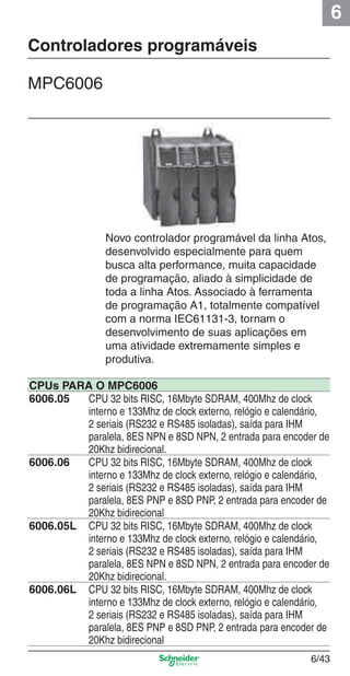 6
6/43
Controladores programáveis
MPC6006
Novo controlador programável da linha Atos,
desenvolvido especialmente para quem
busca alta performance, muita capacidade
de programação, aliado à simplicidade de
toda a linha Atos. Associado à ferramenta
de programação A1, totalmente compatível
com a norma IEC61131-3, tornam o
desenvolvimento de suas aplicações em
uma atividade extremamente simples e
produtiva.
CPUs PARA O MPC6006
6006.05 CPU 32 bits RISC, 16Mbyte SDRAM, 400Mhz de clock
interno e 133Mhz de clock externo, relógio e calendário,
2 seriais (RS232 e RS485 isoladas), saída para IHM
paralela, 8ES NPN e 8SD NPN, 2 entrada para encoder de
20Khz bidirecional.
6006.06 CPU 32 bits RISC, 16Mbyte SDRAM, 400Mhz de clock
interno e 133Mhz de clock externo, relógio e calendário,
2 seriais (RS232 e RS485 isoladas), saída para IHM
paralela, 8ES PNP e 8SD PNP, 2 entrada para encoder de
20Khz bidirecional
6006.05L CPU 32 bits RISC, 16Mbyte SDRAM, 400Mhz de clock
interno e 133Mhz de clock externo, relógio e calendário,
2 seriais (RS232 e RS485 isoladas), saída para IHM
paralela, 8ES NPN e 8SD NPN, 2 entrada para encoder de
20Khz bidirecional.
6006.06L CPU 32 bits RISC, 16Mbyte SDRAM, 400Mhz de clock
interno e 133Mhz de clock externo, relógio e calendário,
2 seriais (RS232 e RS485 isoladas), saída para IHM
paralela, 8ES PNP e 8SD PNP, 2 entrada para encoder de
20Khz bidirecional
Cap.6 v2008.indd 43Cap.6 v2008.indd 43 9/30/08 12:08:15 PM9/30/08 12:08:15 PM
 