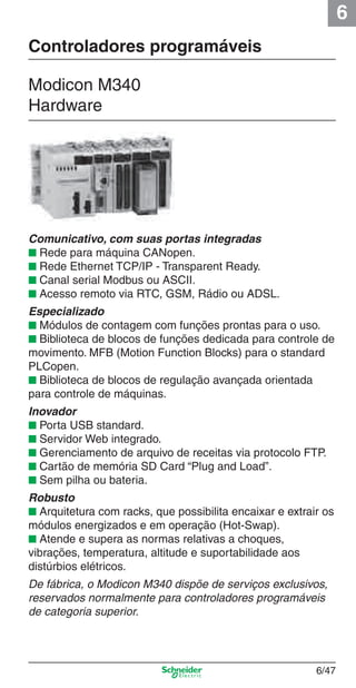 6
6/47
Controladores programáveis
Modicon M340
Hardware
Comunicativo, com suas portas integradas
■ Rede para máquina CANopen.
■ Rede Ethernet TCP/IP - Transparent Ready.
■ Canal serial Modbus ou ASCII.
■ Acesso remoto via RTC, GSM, Rádio ou ADSL.
Especializado
■ Módulos de contagem com funções prontas para o uso.
■ Biblioteca de blocos de funções dedicada para controle de
movimento. MFB (Motion Function Blocks) para o standard
PLCopen.
■ Biblioteca de blocos de regulação avançada orientada
para controle de máquinas.
Inovador
■ Porta USB standard.
■ Servidor Web integrado.
■ Gerenciamento de arquivo de receitas via protocolo FTP.
■ Cartão de memória SD Card “Plug and Load”.
■ Sem pilha ou bateria.
Robusto
■ Arquitetura com racks, que possibilita encaixar e extrair os
módulos energizados e em operação (Hot-Swap).
■ Atende e supera as normas relativas a choques,
vibrações, temperatura, altitude e suportabilidade aos
distúrbios elétricos.
De fábrica, o Modicon M340 dispõe de serviços exclusivos,
reservados normalmente para controladores programáveis
de categoria superior.
Cap.6 v2008.indd 47Cap.6 v2008.indd 47 9/30/08 12:08:16 PM9/30/08 12:08:16 PM
 