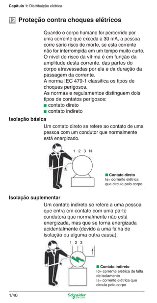 1/40
Capítulo 1: Distribuição elétrica
■ Contato direto
Is= corrente elétrica
que circula pelo corpo
1 2 3 N
Is
Isolação básica
Um contato direto se refere ao contato de uma
pessoa com um condutor que normalmente
está energizado.
Proteção contra choques elétricos
Quando o corpo humano for percorrido por
uma corrente que exceda a 30 mA, a pessoa
corre sério risco de morte, se esta corrente
não for interrompida em um tempo muito curto.
O nível de risco da vítima é em função da
amplitude desta corrente, das partes do
corpo atravessadas por ela e da duração da
passagem da corrente.
A norma IEC 479-1 classiﬁca os tipos de
choques perigosos.
As normas e regulamentos distinguem dois
tipos de contatos perigosos:
■ contato direto
■ contato indireto
12
Isolação suplementar
Um contato indireto se refere a uma pessoa
que entra em contato com uma parte
condutora que normalmente não está
energizada, mas que se torna energizada
acidentalmente (devido a uma falha de
isolação ou alguma outra causa).
■ Contato indireto
Id= corrente elétrica de falta
de isolamento
Is= corrente elétrica que
circula pelo corpo
Is
1 2 3
Cap.1.1 v2008.indd 40Cap.1.1 v2008.indd 40 9/17/08 7:59:20 PM9/17/08 7:59:20 PM
 