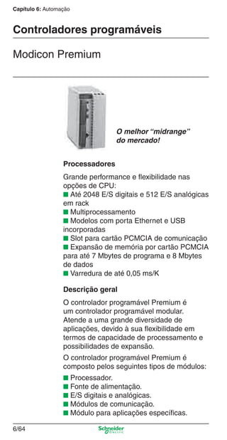 Capítulo 6: Automação
6/64
O melhor “midrange”
do mercado!
Controladores programáveis
Modicon Premium
Descrição geral
O controlador programável Premium é
um controlador programável modular.
Atende a uma grande diversidade de
aplicações, devido à sua ﬂexibilidade em
termos de capacidade de processamento e
possibilidades de expansão.
O controlador programável Premium é
composto pelos seguintes tipos de módulos:
■ Processador.
■ Fonte de alimentação.
■ E/S digitais e analógicas.
■ Módulos de comunicação.
■ Módulo para aplicações especíﬁcas.
Processadores
Grande performance e ﬂexibilidade nas
opções de CPU:
■ Até 2048 E/S digitais e 512 E/S analógicas
em rack
■ Multiprocessamento
■ Modelos com porta Ethernet e USB
incorporadas
■ Slot para cartão PCMCIA de comunicação
■ Expansão de memória por cartão PCMCIA
para até 7 Mbytes de programa e 8 Mbytes
de dados
■ Varredura de até 0,05 ms/K
Cap.6 v2008.indd 64Cap.6 v2008.indd 64 9/30/08 12:08:23 PM9/30/08 12:08:23 PM
 