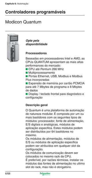 Capítulo 6: Automação
6/68
Controladores programáveis
Modicon Quantum
Opte pela
disponibilidade
Processadores
Baseadas em processadores Intel e AMD, as
CPUs QUANTUM apresentam as mais altas
performances do mercado:
■ CPU até Pentium 266 MHz
■ Multiprocessamento
■ Portas Ethernet, USB, Modbus e Modbus
Plus incorporadas
■ Expansão de memória por cartão PCMCIA
para até 7 Mbytes de programa e 8 Mbytes
de dados
■ Display / teclado frontal para diagnóstico e
conﬁguração
Descrição geral
O Quantum é uma plataforma de automação
de natureza modular. É composta por um ou
mais bastidores com os seguintes tipos de
módulos: processador, fonte de alimentação,
E/S digitais e analógicas, módulos de
aplicação especiﬁca. Estes módulos podem
ser distribuídos por 64 bastidores no
máximo.
Os módulos de alimentação, módulos de
E/S ou módulos de aplicação especiﬁca
podem ser atribuídos em qualquer slot da
conﬁguração.
Os módulos de comunicação devem ser
colocados no mesmo rack da CPU.
É preferível, por razões térmicas, instalar os
módulos das fontes de alimentação no ultimo
slot do rack, mas não é obrigatório.
Cap.6 v2008.indd 68Cap.6 v2008.indd 68 9/30/08 12:08:25 PM9/30/08 12:08:25 PM
 