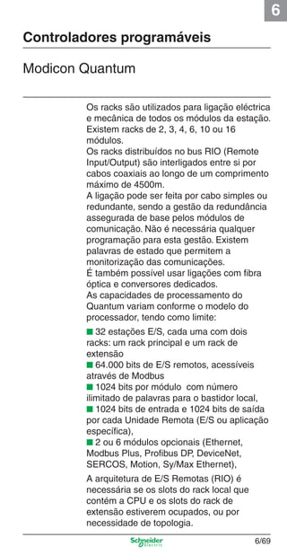 6
6/69
Controladores programáveis
Modicon Quantum
Os racks são utilizados para ligação eléctrica
e mecânica de todos os módulos da estação.
Existem racks de 2, 3, 4, 6, 10 ou 16
módulos.
Os racks distribuídos no bus RIO (Remote
Input/Output) são interligados entre si por
cabos coaxiais ao longo de um comprimento
máximo de 4500m.
A ligação pode ser feita por cabo simples ou
redundante, sendo a gestão da redundância
assegurada de base pelos módulos de
comunicação. Não é necessária qualquer
programação para esta gestão. Existem
palavras de estado que permitem a
monitorização das comunicações.
É também possível usar ligações com ﬁbra
óptica e conversores dedicados.
As capacidades de processamento do
Quantum variam conforme o modelo do
processador, tendo como limite:
■ 32 estações E/S, cada uma com dois
racks: um rack principal e um rack de
extensão
■ 64.000 bits de E/S remotos, acessíveis
através de Modbus
■ 1024 bits por módulo com número
ilimitado de palavras para o bastidor local,
■ 1024 bits de entrada e 1024 bits de saída
por cada Unidade Remota (E/S ou aplicação
especíﬁca),
■ 2 ou 6 módulos opcionais (Ethernet,
Modbus Plus, Proﬁbus DP, DeviceNet,
SERCOS, Motion, Sy/Max Ethernet),
A arquitetura de E/S Remotas (RIO) é
necessária se os slots do rack local que
contém a CPU e os slots do rack de
extensão estiverem ocupados, ou por
necessidade de topologia.
Cap.6 v2008.indd 69Cap.6 v2008.indd 69 9/30/08 12:08:25 PM9/30/08 12:08:25 PM
 