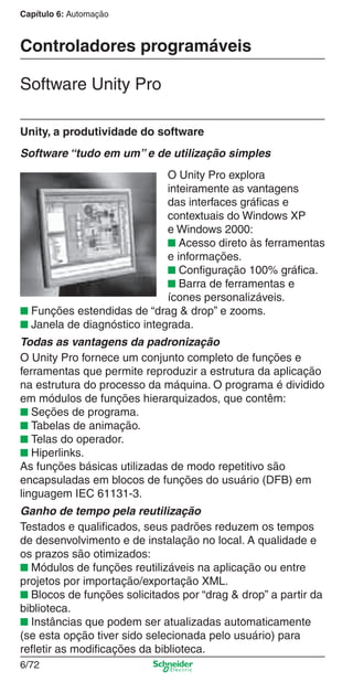 Capítulo 6: Automação
6/72
Controladores programáveis
Software Unity Pro
Unity, a produtividade do software
Software “tudo em um” e de utilização simples
O Unity Pro explora
inteiramente as vantagens
das interfaces gráﬁcas e
contextuais do Windows XP
e Windows 2000:
■ Acesso direto às ferramentas
e informações.
■ Conﬁguração 100% gráﬁca.
■ Barra de ferramentas e
ícones personalizáveis.
■ Funções estendidas de “drag & drop” e zooms.
■ Janela de diagnóstico integrada.
Todas as vantagens da padronização
O Unity Pro fornece um conjunto completo de funções e
ferramentas que permite reproduzir a estrutura da aplicação
na estrutura do processo da máquina. O programa é dividido
em módulos de funções hierarquizados, que contêm:
■ Seções de programa.
■ Tabelas de animação.
■ Telas do operador.
■ Hiperlinks.
As funções básicas utilizadas de modo repetitivo são
encapsuladas em blocos de funções do usuário (DFB) em
linguagem IEC 61131-3.
Ganho de tempo pela reutilização
Testados e qualiﬁcados, seus padrões reduzem os tempos
de desenvolvimento e de instalação no local. A qualidade e
os prazos são otimizados:
■ Módulos de funções reutilizáveis na aplicação ou entre
projetos por importação/exportação XML.
■ Blocos de funções solicitados por “drag & drop” a partir da
biblioteca.
■ Instâncias que podem ser atualizadas automaticamente
(se esta opção tiver sido selecionada pelo usuário) para
reﬂetir as modiﬁcações da biblioteca.
Cap.6 v2008.indd 72Cap.6 v2008.indd 72 9/30/08 12:08:26 PM9/30/08 12:08:26 PM
 