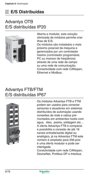Capítulo 6: Automação
6/78
E/S Distribuídas10
Aberta e modular, esta solução
otimizada de módulos permite criar
ilhas de E/S.
Os módulos são instalados o mais
próximo possível da máquina e
gerenciados por um controlador
mestre (controlador programável,
PC ou inversor de freqüência)
através de uma rede de campo
ou uma rede de comunicação.
Conectividade com rede CANopen,
Ethernet e Modbus.
Advantys OTB
E/S distribuídas IP20
Advantys FTB/FTM
E/S distribuídas IP67
Os módulos Advantys FTB e FTM
podem ser usados para conectar
sensores e atuadores em sistemas
distribuídos de automação usando
conexões de rede e cabos pré-
montados em ambientes hostis com
água, óleo, poeira, soldagem etc…
A oferta Advantys FTB é compacta
e possibilita a conexão de até 16
canais entrada/saída digital ou
analógico, já na Advantys FTM este
número é ampliado para 256 pois
é uma oferta modular e pode ser
interligada.
Conectividade com rede CANopen,
DeviceNet, Proﬁbus DP e Interbus.
Cap.6 v2008.indd 78Cap.6 v2008.indd 78 9/30/08 12:08:28 PM9/30/08 12:08:28 PM
 
