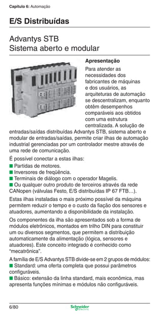 Capítulo 6: Automação
6/80
E/S Distribuídas
Apresentação
Para atender as
necessidades dos
fabricantes de máquinas
e dos usuários, as
arquiteturas de automação
se descentralizam, enquanto
obtêm desempenhos
comparáveis aos obtidos
com uma estrutura
centralizada. A solução de
entradas/saídas distribuídas Advantys STB, sistema aberto e
modular de entradas/saídas, permite criar ilhas de automação
industrial gerenciadas por um controlador mestre através de
uma rede de comunicação.
É possível conectar a estas ilhas:
■ Partidas de motores.
■ Inversores de freqüência.
■ Terminais de diálogo com o operador Magelis.
■ Ou qualquer outro produto de terceiros através da rede
CANopen (válvulas Festo, E/S distribuídas IP 67 FTB…).
Estas ilhas instaladas o mais próximo possível da máquina
permitem reduzir o tempo e o custo da ﬁação dos sensores e
atuadores, aumentando a disponibilidade da instalação.
Os componentes da ilha são apresentados sob a forma de
módulos eletrônicos, montados em trilho DIN para constituir
um ou diversos segmentos, que permitem a distribuição
automaticamente da alimentação (lógica, sensores e
atuadores). Este conceito integrado é conhecido como
“mecatrônica”.
A família de E/S Advantys STB divide-se em 2 grupos de módulos:
■ Standard: uma oferta completa que possui parâmetros
conﬁguráveis.
■ Básico: extensão da linha standard, mais econômica, mas
apresenta funções mínimas e módulos não conﬁguráveis.
Advantys STB
Sistema aberto e modular
Cap.6 v2008.indd 80Cap.6 v2008.indd 80 9/30/08 12:08:28 PM9/30/08 12:08:28 PM
 