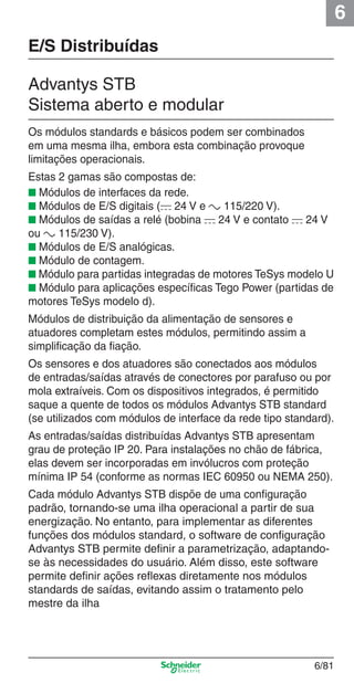 6
6/81
E/S Distribuídas
Advantys STB
Sistema aberto e modular
Os módulos standards e básicos podem ser combinados
em uma mesma ilha, embora esta combinação provoque
limitações operacionais.
Estas 2 gamas são compostas de:
■ Módulos de interfaces da rede.
■ Módulos de E/S digitais (c 24 V e a 115/220 V).
■ Módulos de saídas a relé (bobina c 24 V e contato c 24 V
ou a 115/230 V).
■ Módulos de E/S analógicas.
■ Módulo de contagem.
■ Módulo para partidas integradas de motores TeSys modelo U
■ Módulo para aplicações especíﬁcas Tego Power (partidas de
motores TeSys modelo d).
Módulos de distribuição da alimentação de sensores e
atuadores completam estes módulos, permitindo assim a
simpliﬁcação da ﬁação.
Os sensores e dos atuadores são conectados aos módulos
de entradas/saídas através de conectores por parafuso ou por
mola extraíveis. Com os dispositivos integrados, é permitido
saque a quente de todos os módulos Advantys STB standard
(se utilizados com módulos de interface da rede tipo standard).
As entradas/saídas distribuídas Advantys STB apresentam
grau de proteção IP 20. Para instalações no chão de fábrica,
elas devem ser incorporadas em invólucros com proteção
mínima IP 54 (conforme as normas IEC 60950 ou NEMA 250).
Cada módulo Advantys STB dispõe de uma conﬁguração
padrão, tornando-se uma ilha operacional a partir de sua
energização. No entanto, para implementar as diferentes
funções dos módulos standard, o software de conﬁguração
Advantys STB permite deﬁnir a parametrização, adaptando-
se às necessidades do usuário. Além disso, este software
permite deﬁnir ações reﬂexas diretamente nos módulos
standards de saídas, evitando assim o tratamento pelo
mestre da ilha
Cap.6 v2008.indd 81Cap.6 v2008.indd 81 9/30/08 12:08:29 PM9/30/08 12:08:29 PM
 
