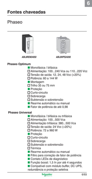 6
6/93
Fontes chaveadas
Phaseo
Phaseo Optimum
■ Monofásica / bifásica
■ Alimentação: 100...240 Vca ou 110...220 Vcc
■ Tensão de saída: 12, 24, 48 Vcc (+20%)
■ Potência: 60 a 144 W
■ Montagem
■ Trilho 35 ou 75 mm
■ Proteção
■ Curto-circuito
■ Sobrecarga
■ Subtensão e sobretensão
■ Rearme automático ou manual
■ Fator de potência de até 0,98
Phaseo Universal
■ Monofásica / bifásica ou trifásica
■ Alimentação: 100...500 Vca
■ Alimentação trifásica: 380...500 Vca
■ Tensão de saída: 24 Vcc (+20%)
■ Potência: 72 a 960 W
■ Proteção
■ Curto-circuito
■ Sobrecarga
■ Subtensão e sobretensão
■ Térmica
■ Rearme automático ou manual
■ Filtro para correção de fator de potência
■ Contato LEDs de diagnóstico
■ Função boost: 1,5 In por até 4 segundos
■ Compatível com módulo buffer, DC UPS,
redundância e proteção seletiva
ABL8REM24050 ABL8WPS24200
Cap.6 v2008.indd 93Cap.6 v2008.indd 93 9/30/08 12:08:34 PM9/30/08 12:08:34 PM
 