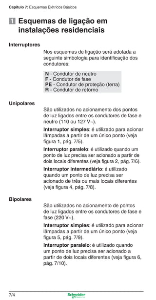 Capítulo 7: Esquemas Elétricos Básicos
7/4
Esquemas de ligação em
instalações residenciais
Nos esquemas de ligação será adotada a
seguinte simbologia para identiﬁcação dos
condutores:
São utilizados no acionamento dos pontos
de luz ligados entre os condutores de fase e
neutro (110 ou 127 V~).
Interruptor simples: é utilizado para acionar
lâmpadas a partir de um único ponto (veja
ﬁgura 1, pág. 7/5).
Interruptor paralelo: é utilizado quando um
ponto de luz precisa ser acionado a partir de
dois locais diferentes (veja ﬁgura 2, pág. 7/6).
Interruptor intermediário: é utilizado
quando um ponto de luz precisa ser
acionado de três ou mais locais diferentes
(veja ﬁgura 4, pág. 7/8).
Unipolares
Interruptores
N - Condutor de neutro
F - Condutor de fase
PE - Condutor de proteção (terra)
R - Condutor de retorno
São utilizados no acionamento de pontos
de luz ligados entre os condutores de fase e
fase (220 V~).
Interruptor simples: é utilizado para acionar
lâmpadas a partir de um único ponto (veja
ﬁgura 5, pág. 7/9).
Interruptor paralelo: é utilizado quando
um ponto de luz precisa ser acionado a
partir de dois locais diferentes (veja ﬁgura 6,
pág. 7/10).
Bipolares
1
 