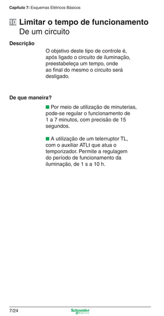 Capítulo 7: Esquemas Elétricos Básicos
7/24
Limitar o tempo de funcionamento
De um circuito
Descrição
O objetivo deste tipo de controle é,
após ligado o circuito de iluminação,
preestabeleça um tempo, onde
ao ﬁnal do mesmo o circuito será
desligado.
De que maneira?
■ Por meio de utilização de minuterias,
pode-se regular o funcionamento de
1 a 7 minutos, com precisão de 15
segundos.
■ A utilização de um telerruptor TL,
com o auxiliar ATLt que atua o
temporizador. Permite a regulagem
do período de funcionamento da
iluminação, de 1 s a 10 h.
10
 