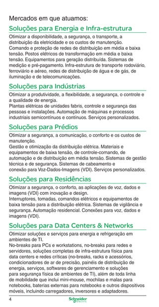 4
Mercados em que atuamos:
Soluções para Energia e Infra-estrutura
Otimizar a disponibilidade, a segurança, o transporte, a
distribuição da eletricidade e os custos de manutenção.
Comando e proteção de redes de distribuição em média e baixa
tensão. Postos elétricos de transformação em média e baixa
tensão. Equipamentos para geração distribuída. Sistemas de
medição e pré-pagamento. Infra-estrutura de transporte rodoviário,
ferroviário e aéreo, redes de distribuição de água e de gás, de
iluminação e de telecomunicações.
Soluções para Indústrias
Otimizar a produtividade, a ﬂexibilidade, a segurança, o controle e
a qualidade de energia.
Plantas elétricas de unidades fabris, controle e segurança das
pessoas e instalações. Automação de máquinas e processos
industriais semicontínuos e contínuos. Serviços personalizados.
Soluções para Prédios
Otimizar a segurança, a comunicação, o conforto e os custos de
manutenção.
Gestão e otimização da distribuição elétrica. Materiais e
equipamentos de baixa tensão, de controle-comando, de
automação e de distribuição em média tensão. Sistemas de gestão
técnica e de segurança. Sistemas de cabeamento e
conexão para Voz-Dados-Imagens (VDI). Serviços personalizados.
Soluções para Residências
Otimizar a segurança, o conforto, as aplicações de voz, dados e
imagens (VDI) com inovação e design.
Interruptores, tomadas, comandos elétricos e equipamentos de
baixa tensão para a distribuição elétrica. Sistemas de vigilância e
segurança. Automação residencial. Conexões para voz, dados e
imagens (VDI).
Soluções para Data Centers & Networks
Otimizar soluções e serviços para energia e refrigeração em
ambientes de TI.
No-breaks para PCs e workstations, no-breaks para redes e
servidores, soluções completas de infra-estrutura física para
data centers e redes críticas (no-breaks, racks e acessórios,
condicionadores de ar de precisão, painéis de distribuição de
energia, serviços, softwares de gerenciamento e soluções
para segurança física de ambientes de TI), além de toda linha
de mobilidade que inclui mini-mouse, mochilas e malas para
notebooks, baterias externas para notebooks e outros dispositivos
móveis, incluindo carregadores, inversores e adaptadores.
Intro Industrial.indd Sec1:4Intro Industrial.indd Sec1:4 9/17/08 7:52:12 PM9/17/08 7:52:12 PM
 