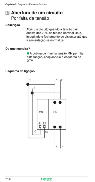 Capítulo 7: Esquemas Elétricos Básicos
7/26
Abertura de um circuito
Por falta de tensão
Descrição
Abrir um circuito quando a tensão cair
abaixo dos 70% da tensão nominal Un e,
impedindo o fechamento do disjuntor até que
a alimentação se normalize.
De que maneira?
■ A bobina de mínima tensão MN permite
esta função, acoplando-a à esquerda do
DTM
Esquema de ligação
F
N N F
MN C60
C2C1
42
12
 