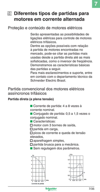 7
7/35
Diferentes tipos de partidas para
motores em corrente alternada
Serão apresentadas as possibilidades de
ligações elétricas para controle de motores
elétricos trifásicos.
Dentre as opções possíveis com relação
à partida de motores encontradas no
mercado, pode-se citar as partidas mais
usadas desde a partida direta até as mais
soﬁsticadas, como o inversor de freqüência.
Demonstramos as características básicas
das partidas a seguir.
Para mais esclarecimentos e suporte, entre
em contato com o departamento técnico da
Schneider Electric Brasil.
Proteção e conteúdo de motores elétricos
Partida convencional dos motores elétricos
assíncronos trifásicos
■ Corrente de partida: 4 a 8 vezes à
corrente nominal.
■ Conjugado de partida: 0,5 a 1,5 vezes o
conjugado nominal.
■ Características:
■ motor com 3 bornes de saída,
■ partida em carga,
■ picos de corrente e queda de tensão
elevados,
■ aparelhagem simples,
■ partida brusca para a mecânica.
■ Sem regulagem dos parâmetros.
Partida direta (a plena tensão)
16
 