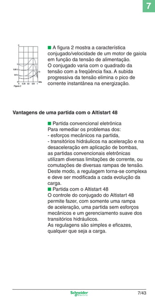 7
7/43
■ A ﬁgura 2 mostra a característica
conjugado/velocidade de um motor de gaiola
em função da tensão de alimentação.
O conjugado varia com o quadrado da
tensão com a freqüência ﬁxa. A subida
progressiva da tensão elimina o pico de
corrente instantânea na energização.
Vantagens de uma partida com o Altistart 48
■ Partida convencional eletrônica
Para remediar os problemas dos:
- esforços mecânicos na partida,
- transitórios hidráulicos na aceleração e na
desaceleração em aplicação de bombas,
as partidas convencionais eletrônicas
utilizam diversas limitações de corrente, ou
comutações de diversas rampas de tensão.
Deste modo, a regulagem torna-se complexa
e deve ser modiﬁcada a cada evolução da
carga.
■ Partida com o Altistart 48
O controle do conjugado do Altistart 48
permite fazer, com somente uma rampa
de aceleração, uma partida sem esforços
mecânicos e um gerenciamento suave dos
transitórios hidráulicos.
As regulagens são simples e eﬁcazes,
qualquer que seja a carga.
 