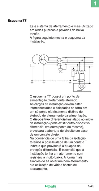 1/49
1
Esquema TT
Este sistema de aterramento é mais utilizado
em redes públicas e privadas de baixa
tensão.
A ﬁgura seguinte mostra o esquema da
instalação.
O esquema TT possui um ponto de
alimentação diretamente aterrado.
As cargas da instalação devem estar
interconectadas e colocadas na terra em
um só ponto eletricamente distinto do
eletrodo de aterramento da alimentação.
O dispositivo diferencial instalado no início
da instalação (pode existir outro dispostivo
diferencial em outro ponto do mesmo),
provocará a abertura do circuito em caso
de um contato direto.
Na ocorrência de uma falha da isolação,
teremos a possibilidade de um contato
indireto que provocará a atuação da
proteção diferencial. É essencial que a
instalação tenha um aterramento com
resistência muito baixa. A forma mais
simples de se obter um bom aterramento
é a utilização de várias hastes de
aterramento.
x
x
x
x
x
x
x
xDD DD
Cap.1.1 v2008.indd 49Cap.1.1 v2008.indd 49 9/17/08 7:59:23 PM9/17/08 7:59:23 PM
 
