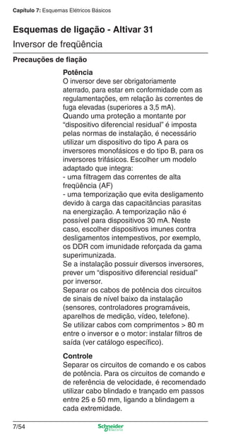 Capítulo 7: Esquemas Elétricos Básicos
7/54
Inversor de freqüência
Esquemas de ligação - Altivar 31
Precauções de ﬁação
Potência
O inversor deve ser obrigatoriamente
aterrado, para estar em conformidade com as
regulamentações, em relação às correntes de
fuga elevadas (superiores a 3,5 mA).
Quando uma proteção a montante por
“dispositivo diferencial residual” é imposta
pelas normas de instalação, é necessário
utilizar um dispositivo do tipo A para os
inversores monofásicos e do tipo B, para os
inversores trifásicos. Escolher um modelo
adaptado que integra:
- uma ﬁltragem das correntes de alta
freqüência (AF)
- uma temporização que evita desligamento
devido à carga das capacitâncias parasitas
na energização. A temporização não é
possível para dispositivos 30 mA. Neste
caso, escolher dispositivos imunes contra
desligamentos intempestivos, por exemplo,
os DDR com imunidade reforçada da gama
superimunizada.
Se a instalação possuir diversos inversores,
prever um “dispositivo diferencial residual”
por inversor.
Separar os cabos de potência dos circuitos
de sinais de nível baixo da instalação
(sensores, controladores programáveis,
aparelhos de medição, vídeo, telefone).
Se utilizar cabos com comprimentos > 80 m
entre o inversor e o motor: instalar ﬁltros de
saída (ver catálogo especíﬁco).
Controle
Separar os circuitos de comando e os cabos
de potência. Para os circuitos de comando e
de referência de velocidade, é recomendado
utilizar cabo blindado e trançado em passos
entre 25 e 50 mm, ligando a blindagem a
cada extremidade.
 