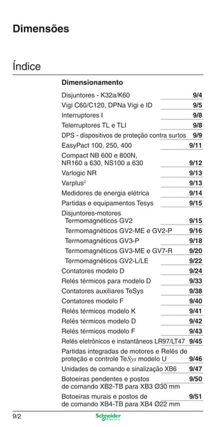 Capítulo 9: Dimensões
9/2
Dimensões
Índice
Dimensionamento
Disjuntores - K32a/K60 9/4
Vigi C60/C120, DPNa Vigi e ID 9/5
Interruptores I 9/8
Telerruptores TL e TLI 9/8
DPS - dispositivos de proteção contra surtos 9/9
EasyPact 100, 250, 400 9/11
Compact NB 600 e 800N,
NR160 a 630, NS100 a 630 9/12
Varlogic NR 9/13
Varplus2
9/13
Medidores de energia elétrica 9/14
Partidas e equipamentos Tesys 9/15
Disjuntores-motores
Termomagnéticos GV2 9/15
Termomagnéticos GV2-ME e GV2-P 9/16
Termomagnéticos GV3-P 9/18
Termomagnéticos GV3-ME e GV7-R 9/20
Termomagnéticos GV2-L/LE 9/22
Contatores modelo D 9/24
Relés térmicos para modelo D 9/33
Contatores auxiliares TeSys 9/38
Contatores modelo F 9/40
Relés térmicos modelo K 9/41
Relés térmicos modelo D 9/42
Relés térmicos modelo F 9/43
Relés eletrônicos e instantâneos LR97/LT47 9/45
Partidas integradas de motores e Relés de
proteção e controle TeSys modelo U 9/46
Unidades de comando e sinalização XB6 9/47
Botoeiras pendentes e postos 9/50
de comando XB2-TB para XB3 Ø30 mm
Botoeiras murais e postos de 9/51
de comando XB4-TB para XB4 Ø22 mm
Cap.9.0 v2008.indd 2Cap.9.0 v2008.indd 2 9/17/08 8:34:40 PM9/17/08 8:34:40 PM
 